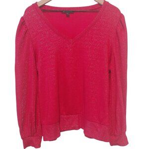 INC top womens X-Large Red w/ silver sparkle. V-neck.Puff-shoulder Long-sleeve